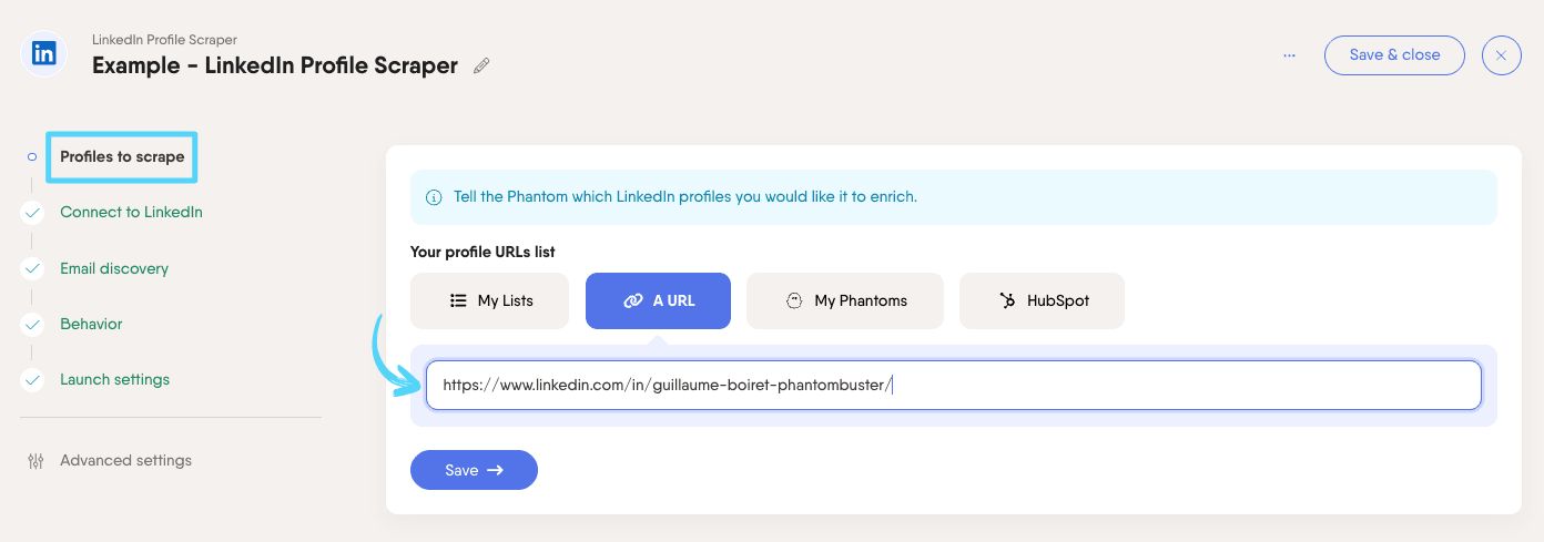 PhantomBuster input field with a single LinkedIn profile URL pasted as input