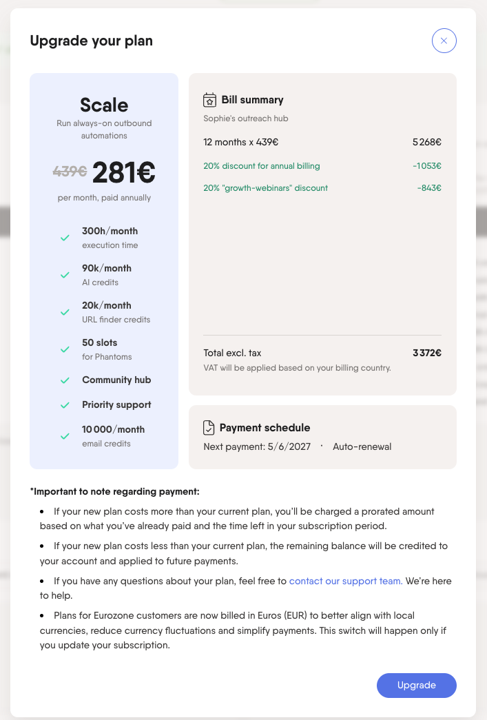 PhantomBuster billing page showing how to upgrade your subscription plan