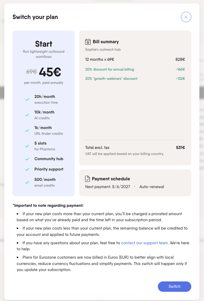 PhantomBuster billing page showing how to downgrade your subscription plan