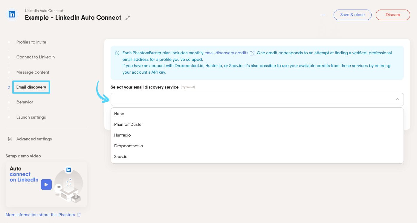 PhantomBuster LinkedIn Auto Connect step 4 selecting an email discovery service