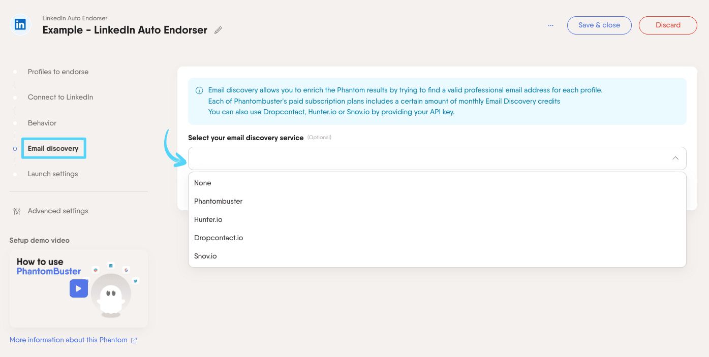 PhantomBuster LinkedIn Auto Endorser step 4 selecting an email discovery service to enrich leads