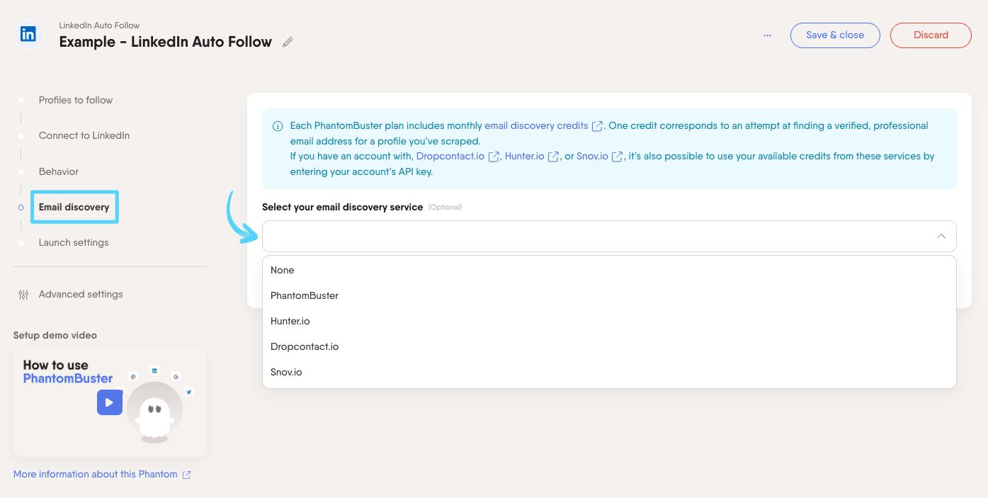 PhantomBuster LinkedIn Auto Follow step 4 selecting an email discovery service to enrich leads