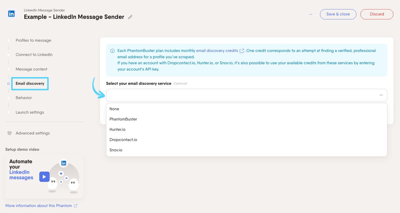 PhantomBuster LinkedIn Message Sender step 4 selecting an email discovery service