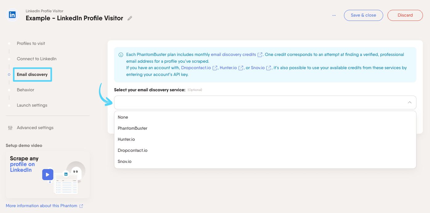 PhantomBuster LinkedIn Profile Visitor step 3 selecting an email discovery service
