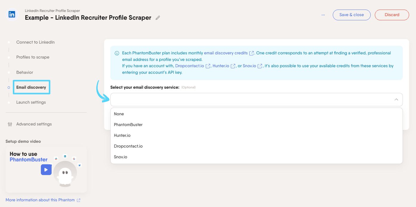 PhantomBuster LinkedIn Recruiter Profile Scraper step 4 enriching your leads with professional emails