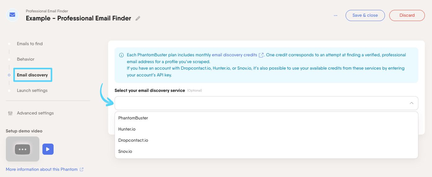PhantomBuster Professional Email Finder step 3 choosing your email discovery method