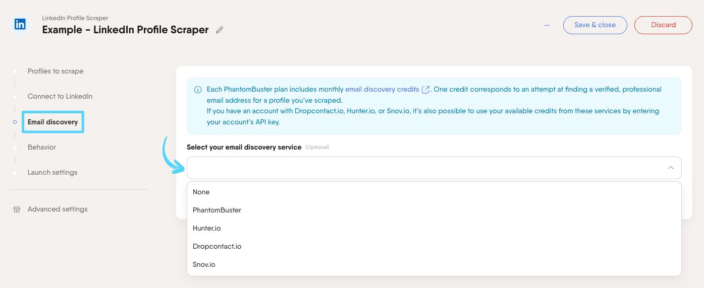 Email discovery provider dropdown in the LinkedIn Profile Scraper Phantom setup