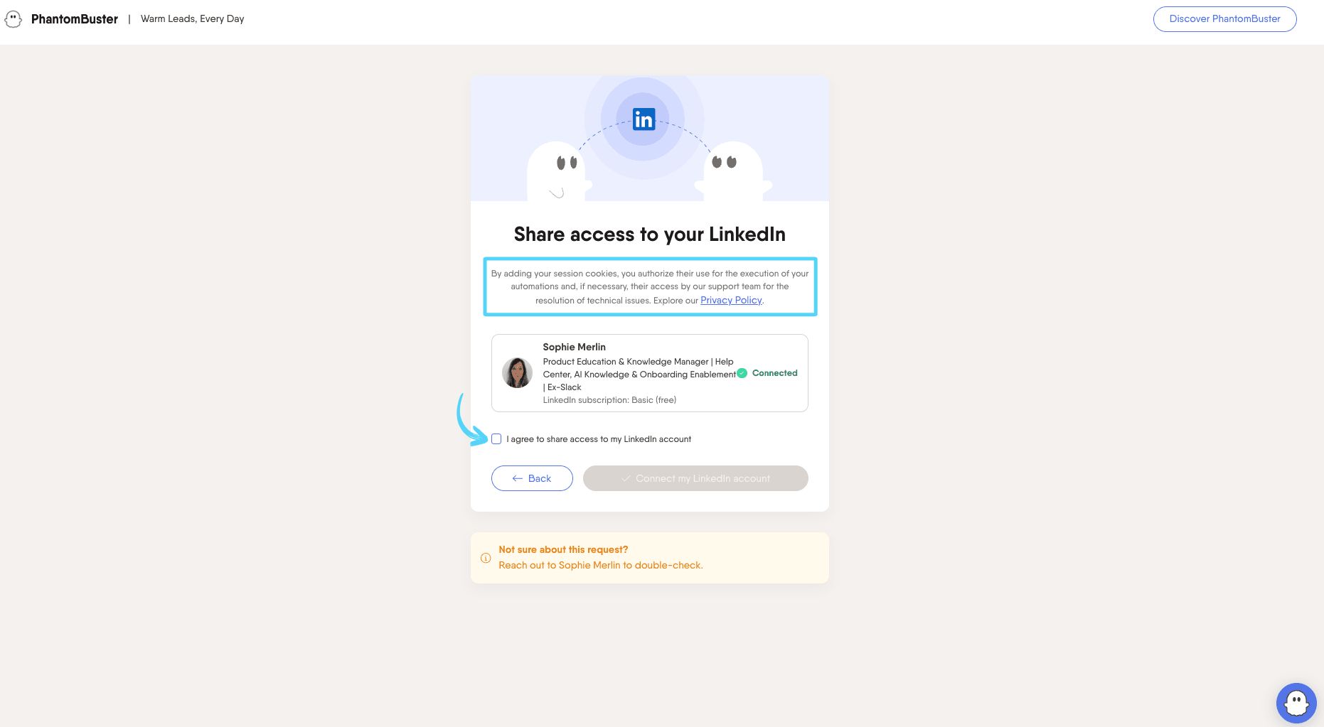 PhantomBuster magic link consent screen — checkbox to agree to share LinkedIn account access and session cookies, with Privacy Policy reference