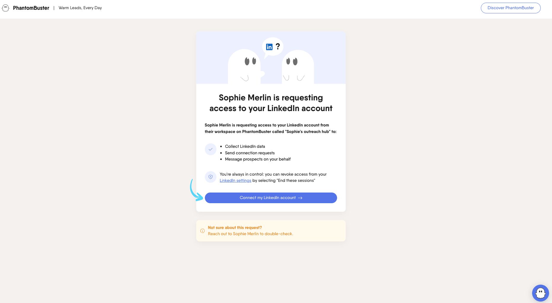 PhantomBuster magic link landing page — workspace owner requesting LinkedIn account access from an external contributor, listing automation actions