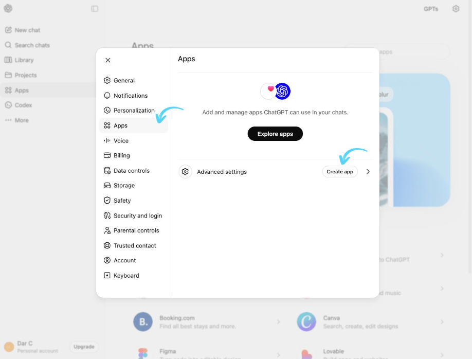 The Apps settings page with the "Create an app" button highlighted
