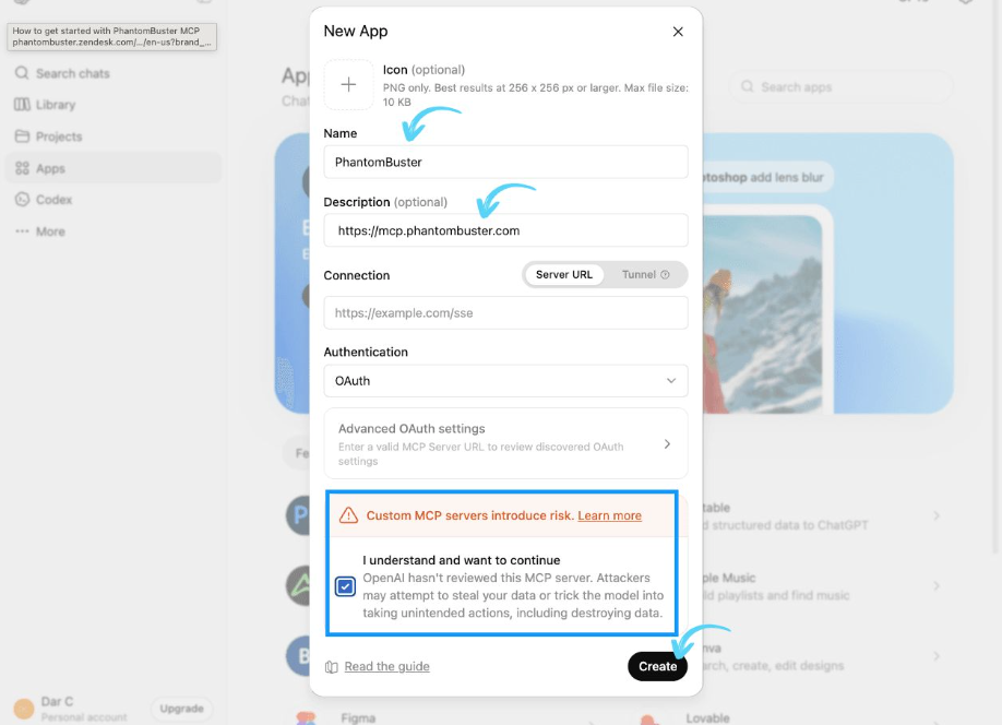 The app creation form with the PhantomBuster name and connection URL