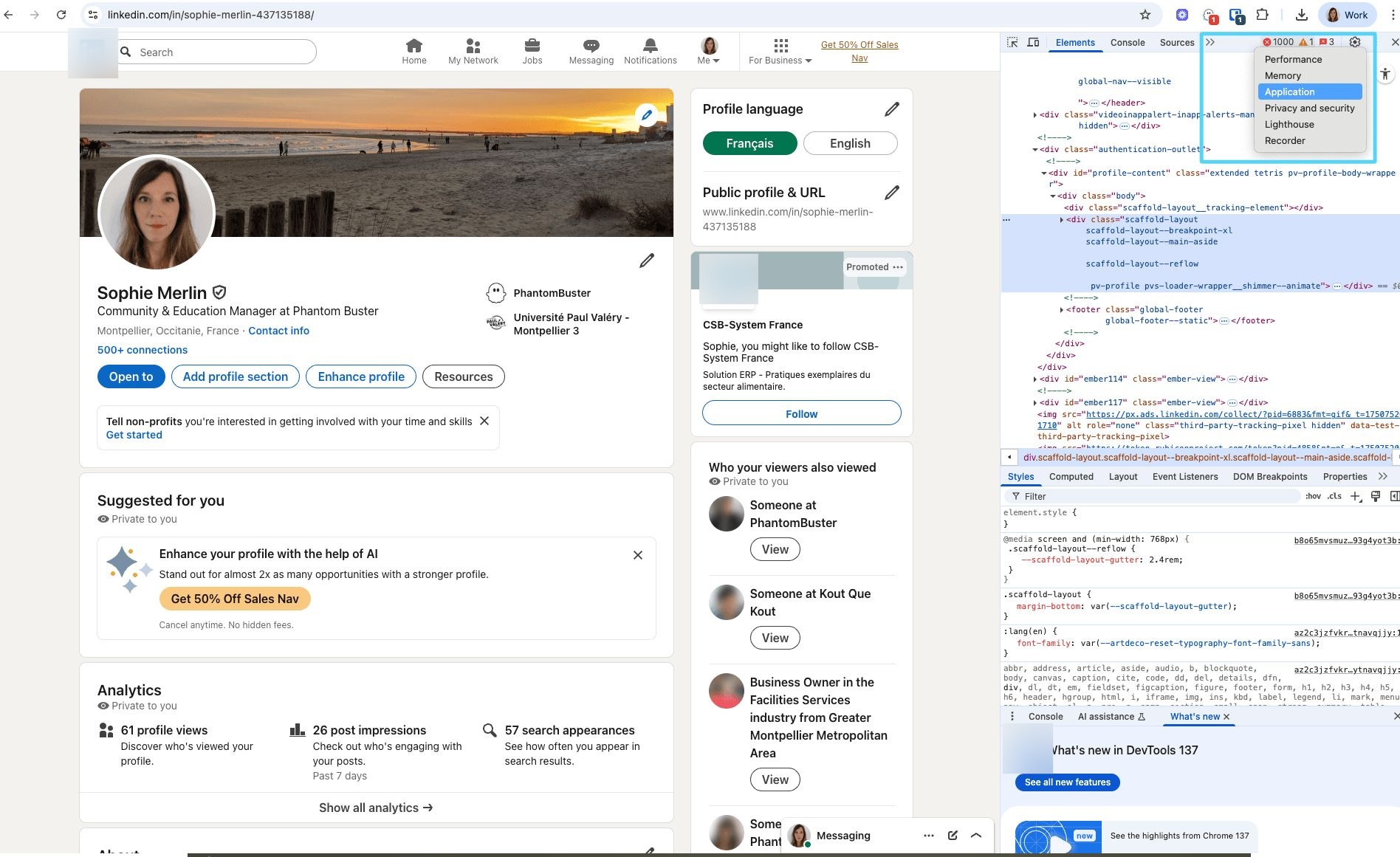 Chrome Developer Tools Application tab open on LinkedIn for cookie access