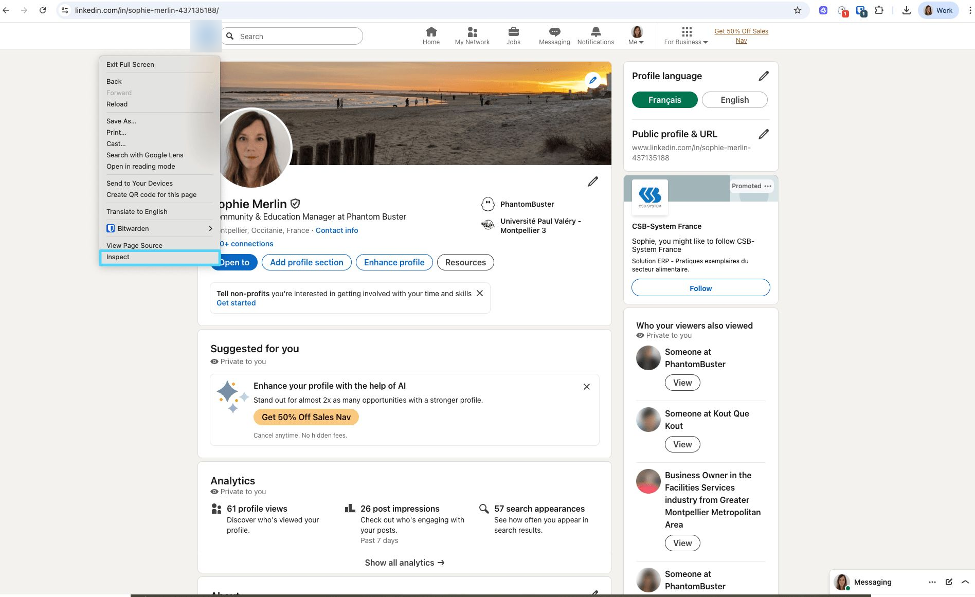 Browser right-click menu with Inspect option on LinkedIn page to open Developer Tools