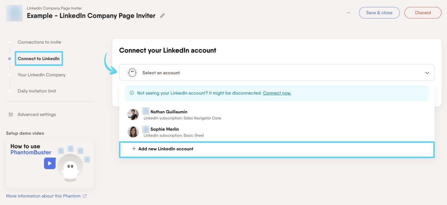 PhantomBuster Connect to LinkedIn step with Add new LinkedIn account button