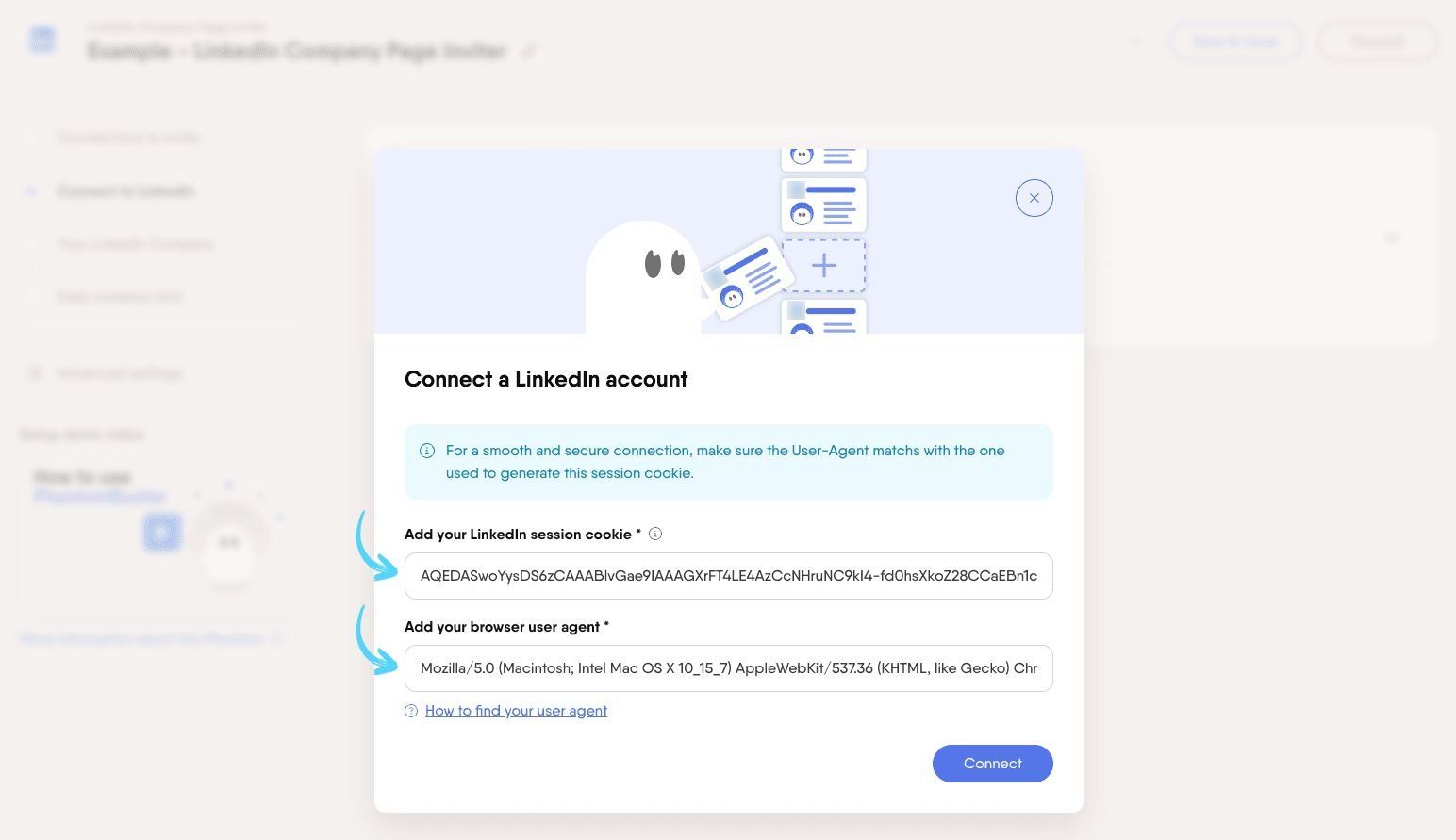 PhantomBuster manual connection form with li_at cookie and user agent fields