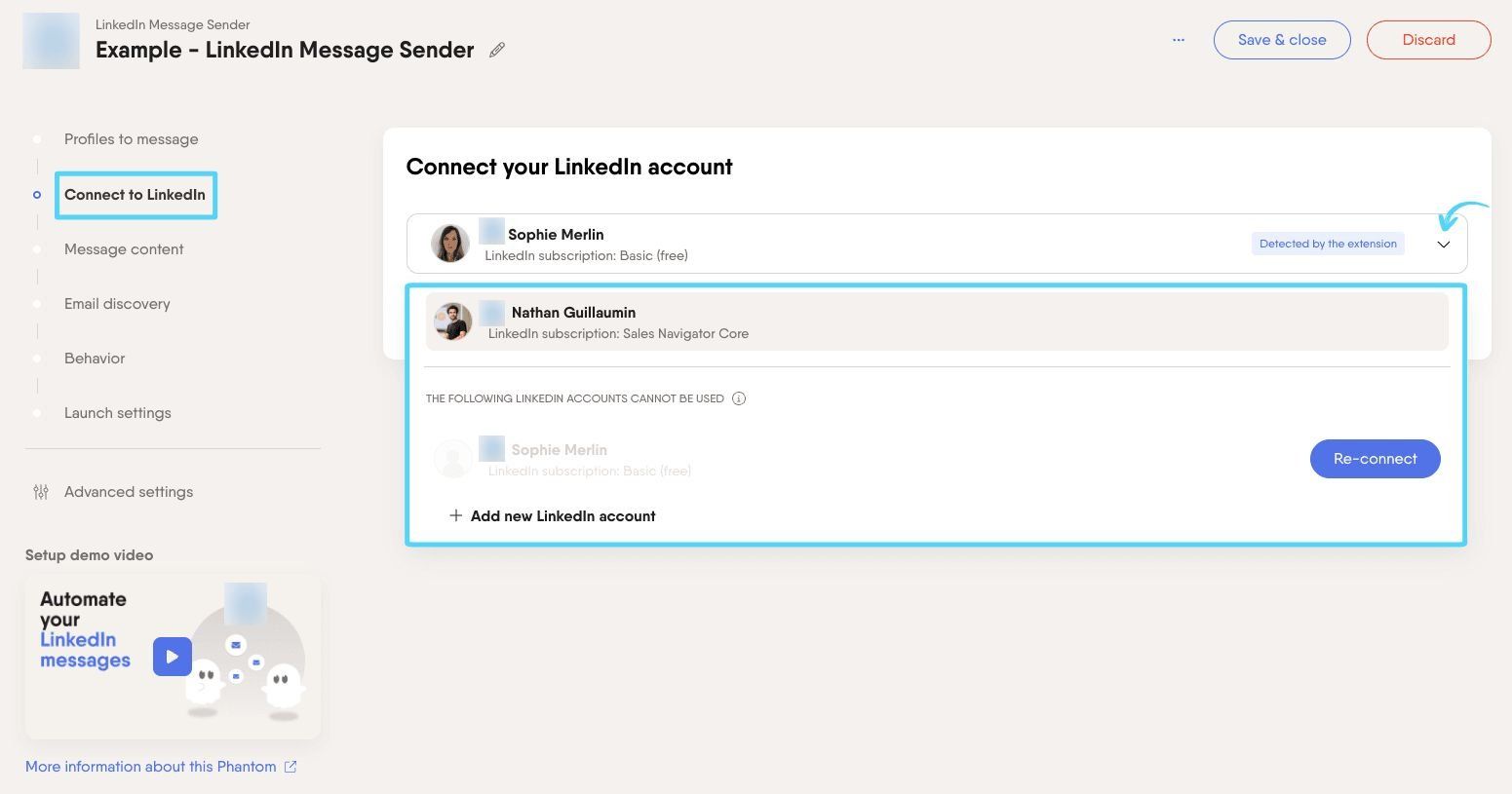 connected-accountPhantomBuster Connect to LinkedIn step showing a teammate's connected LinkedIn account as an option