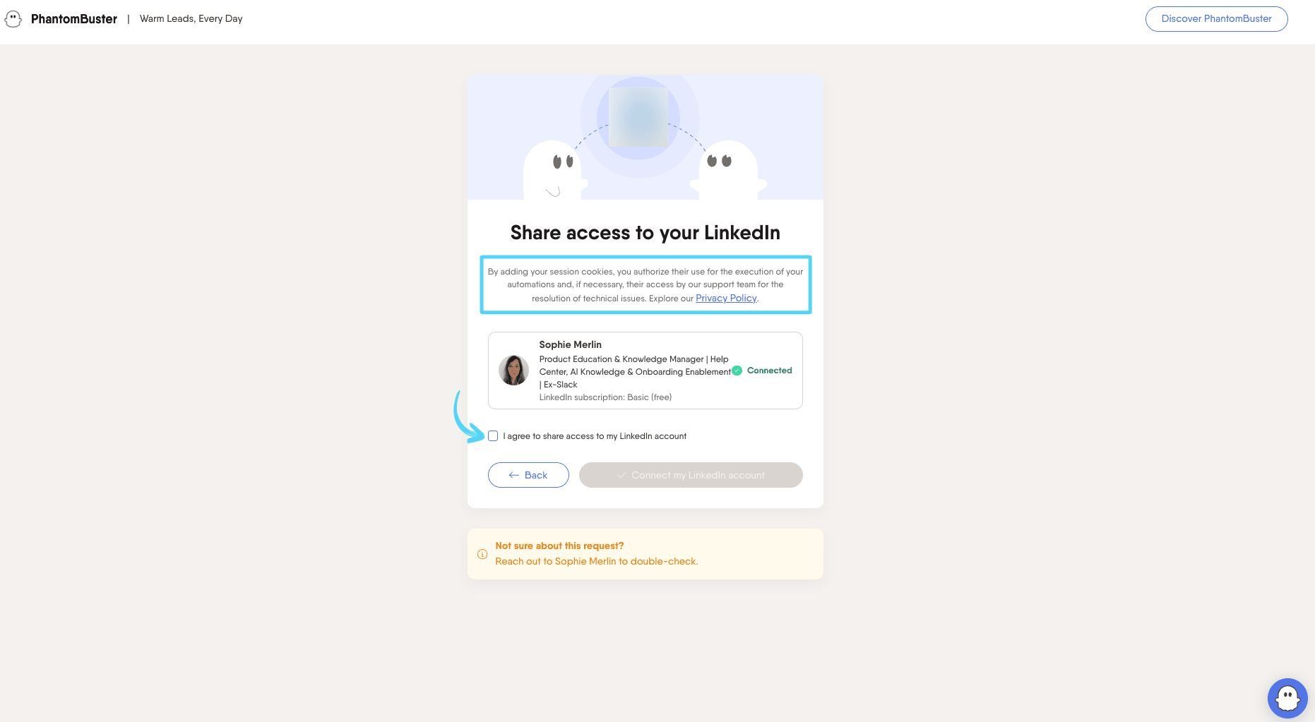 PhantomBuster magic link consent screen — checkbox to agree to share LinkedIn account access and session cookies, with Privacy Policy reference