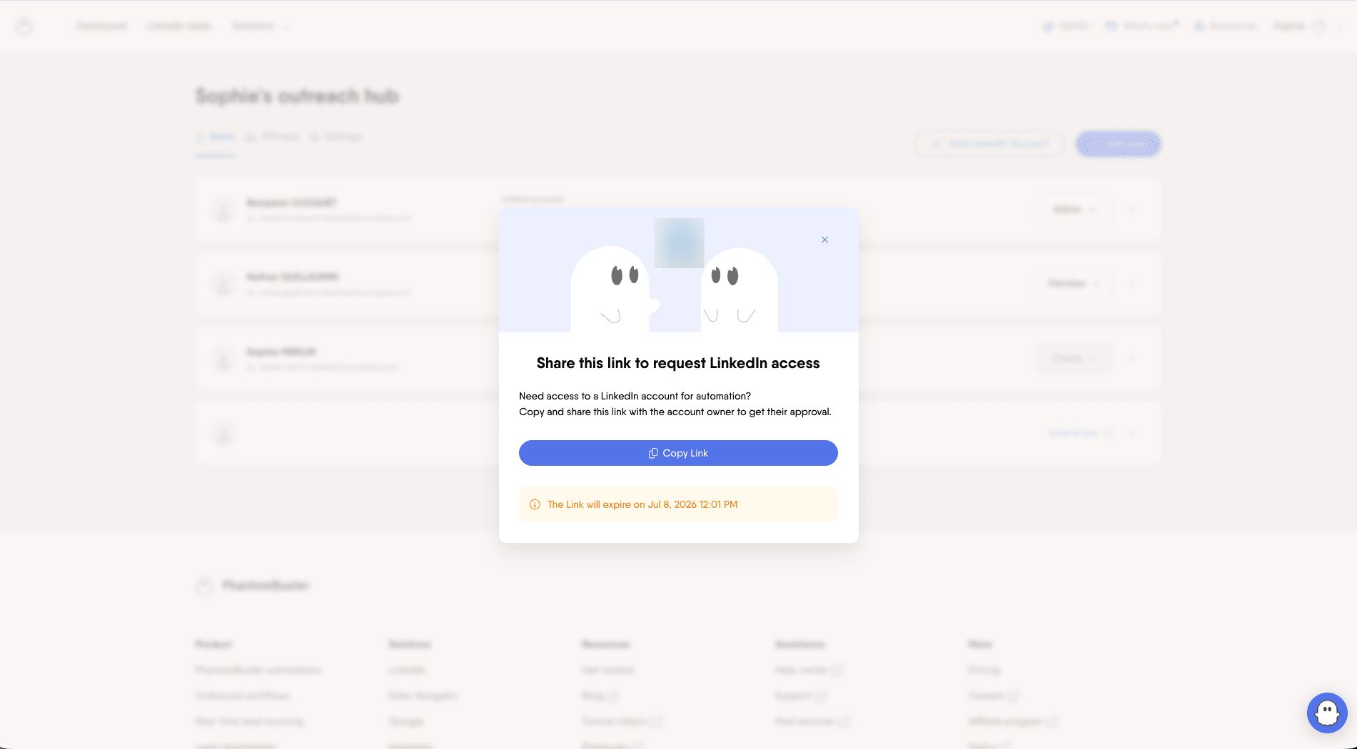 Copying a magic link from Users & accounts