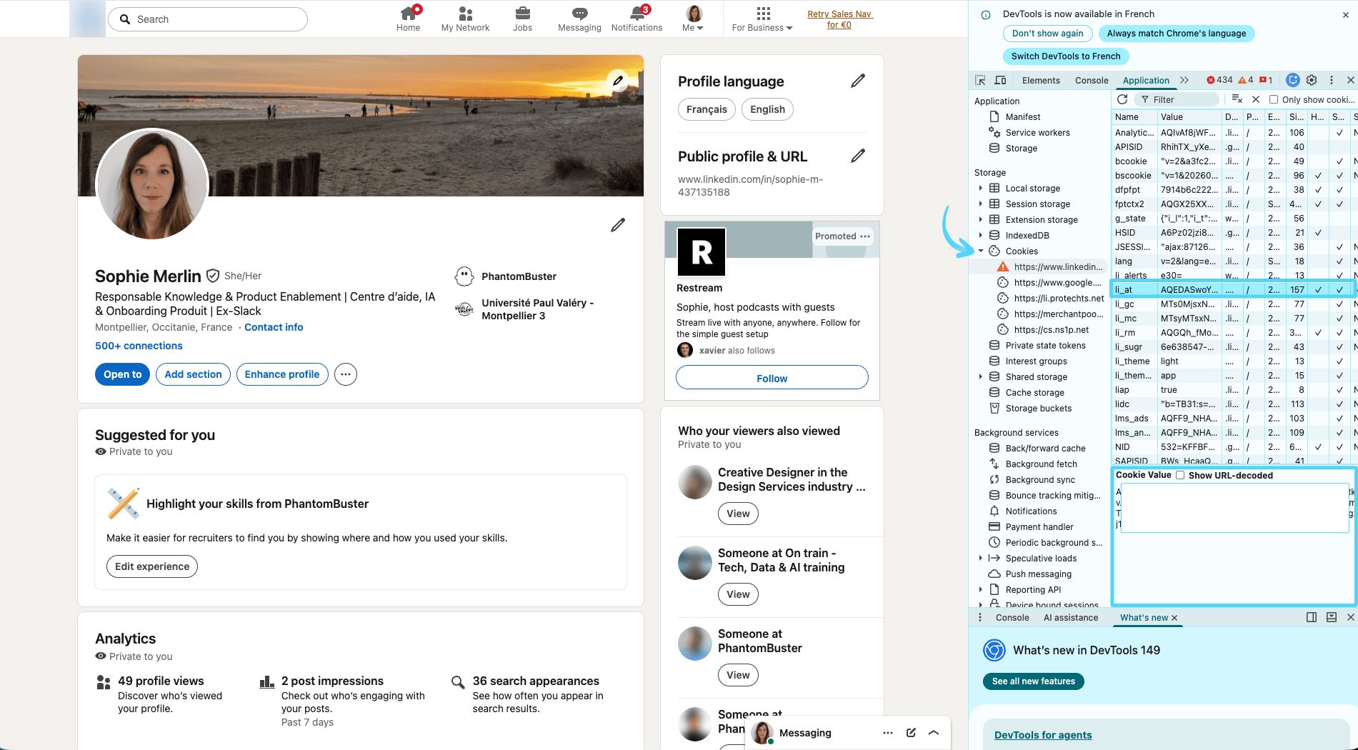Finding and copying the li_at session cookie from LinkedIn in De