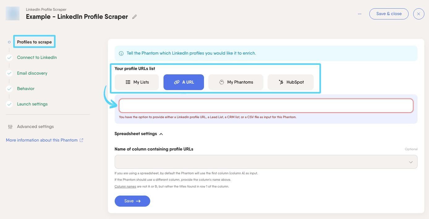 PhantomBuster LinkedIn Profile Scraper setup showing the Profiles to scrape input options