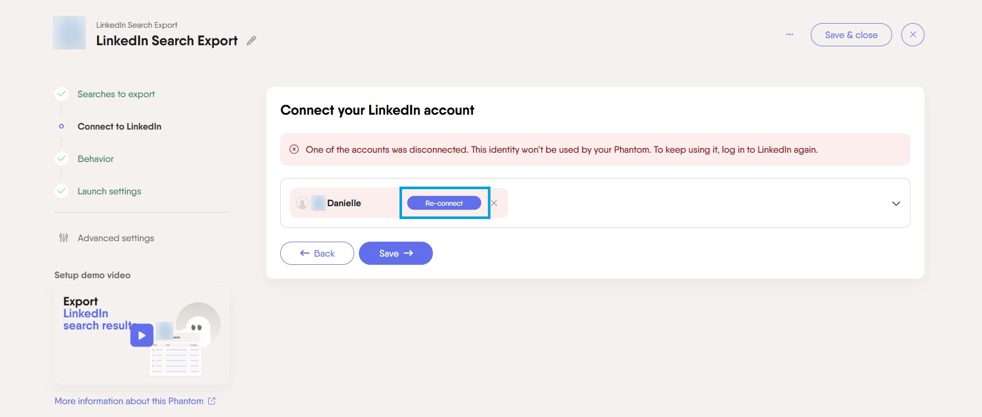 PhantomBuster Setup page showing the Re-connect button to refresh an expired LinkedIn session