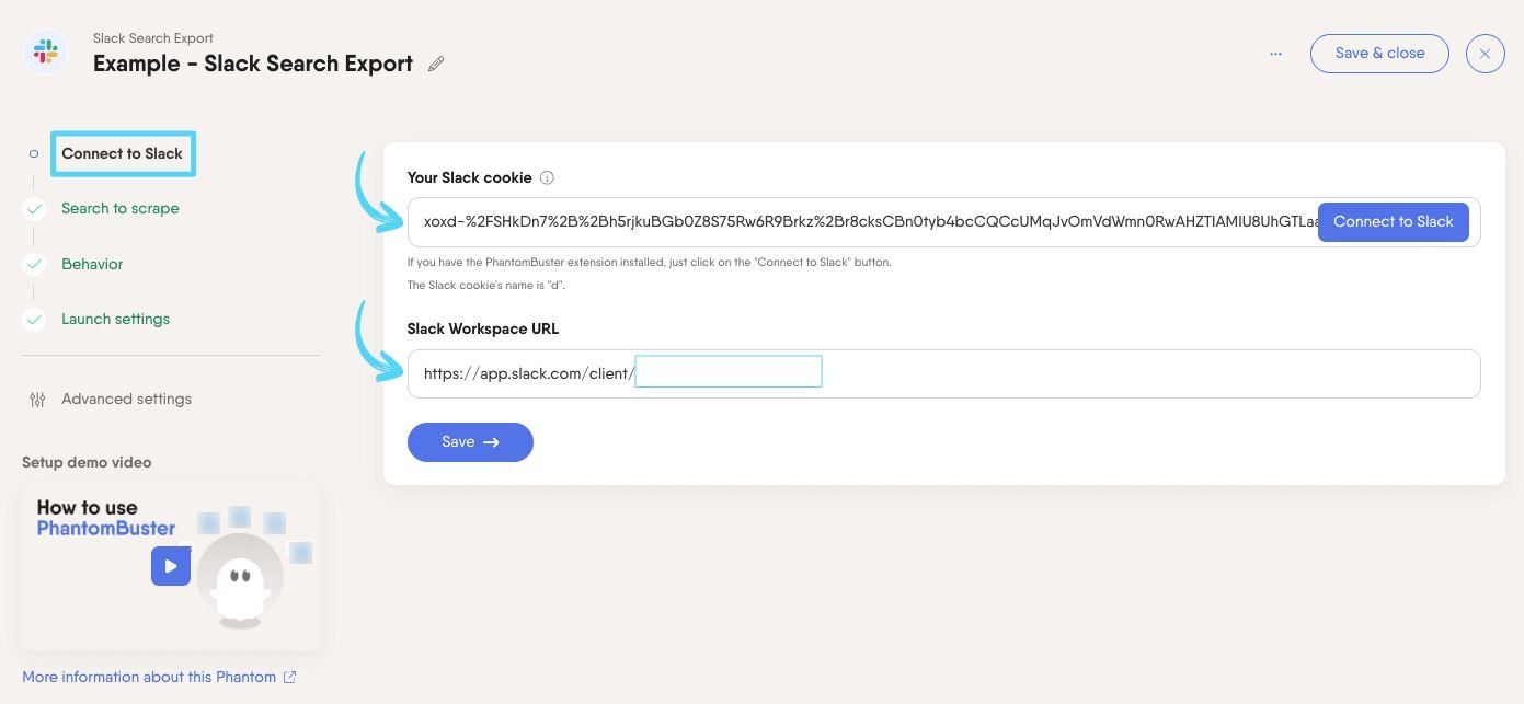 PhantomBuster Slack Phantom setup showing the workspace URL field and session cookie connection step