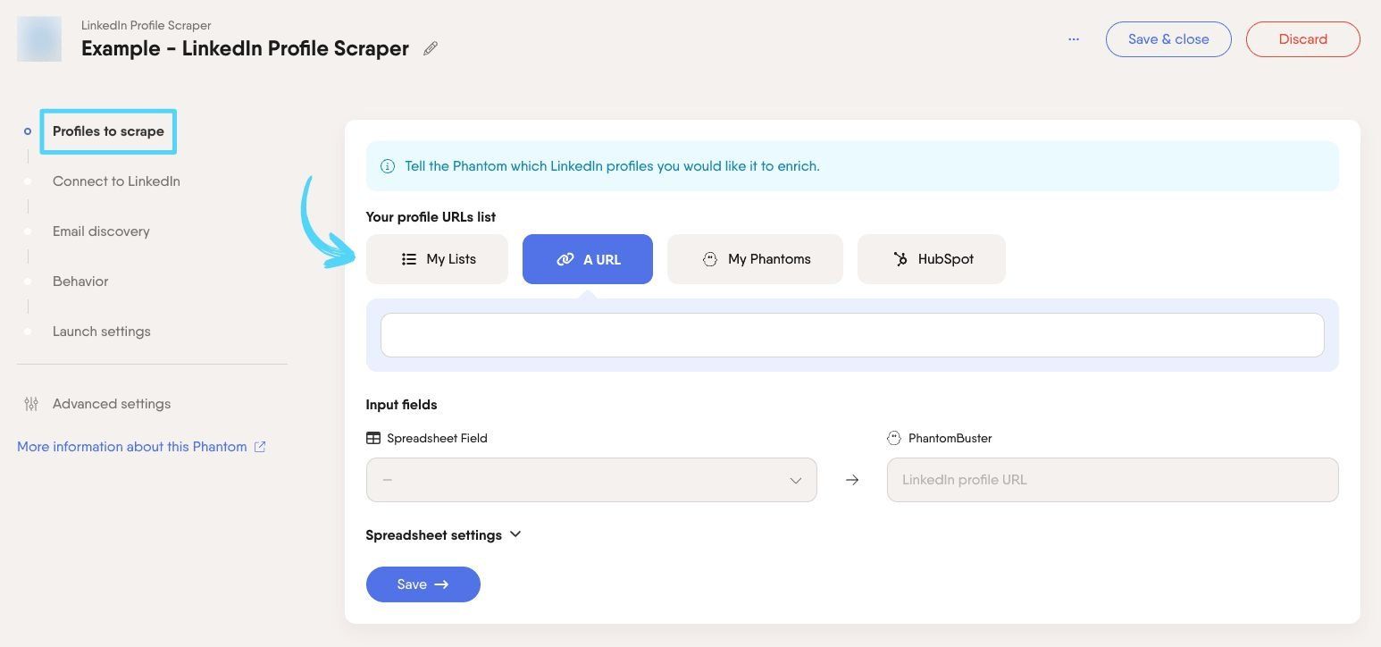 PhantomBuster automation input step showing options to paste a URL, connect a Google Sheet, upload a CSV, or use a Leads list