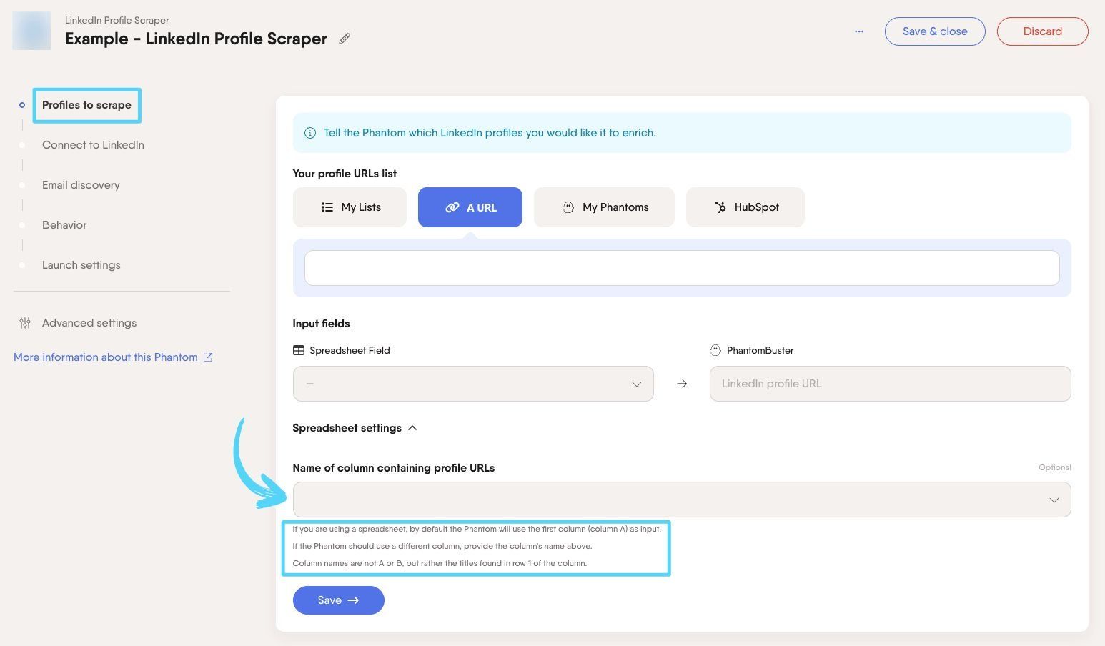 PhantomBuster input step with column name field set to Profile URLs