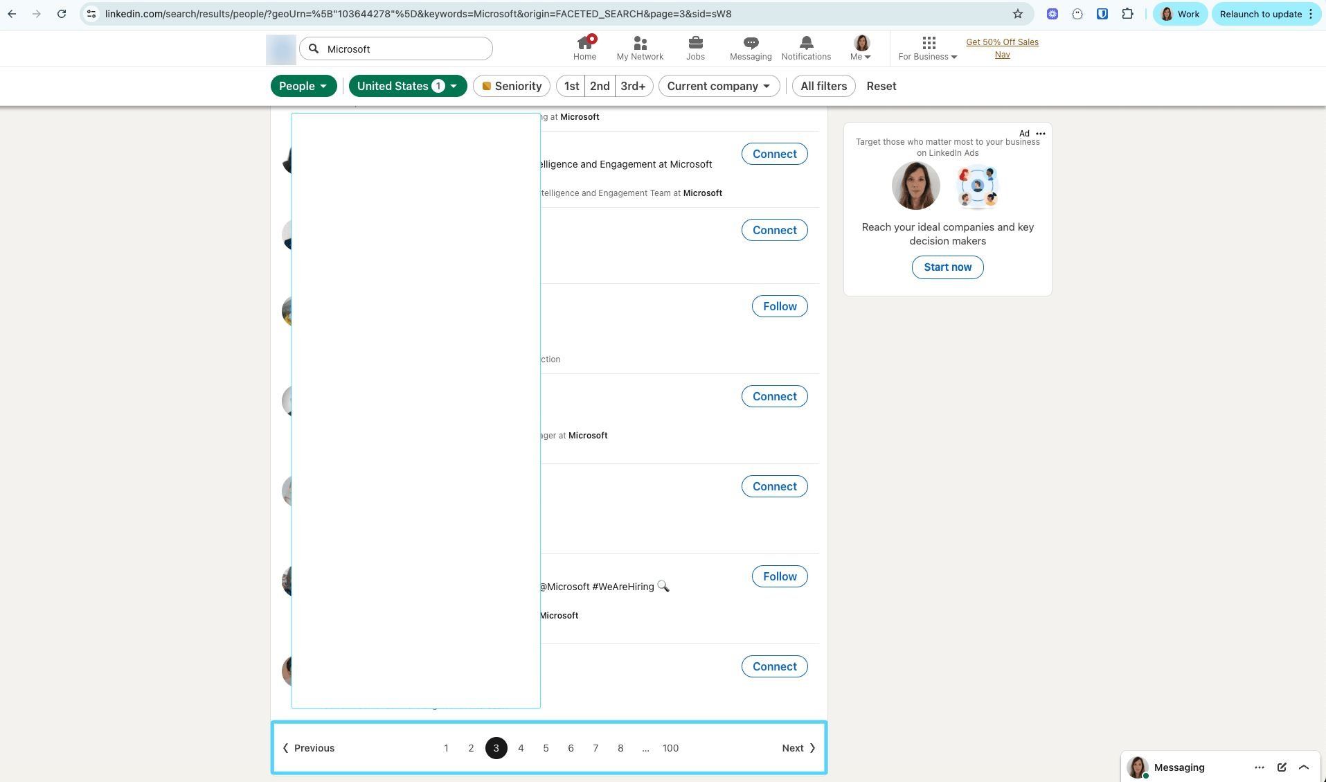 LinkedIn search results page with pagination controls at the bottom to select a specific page