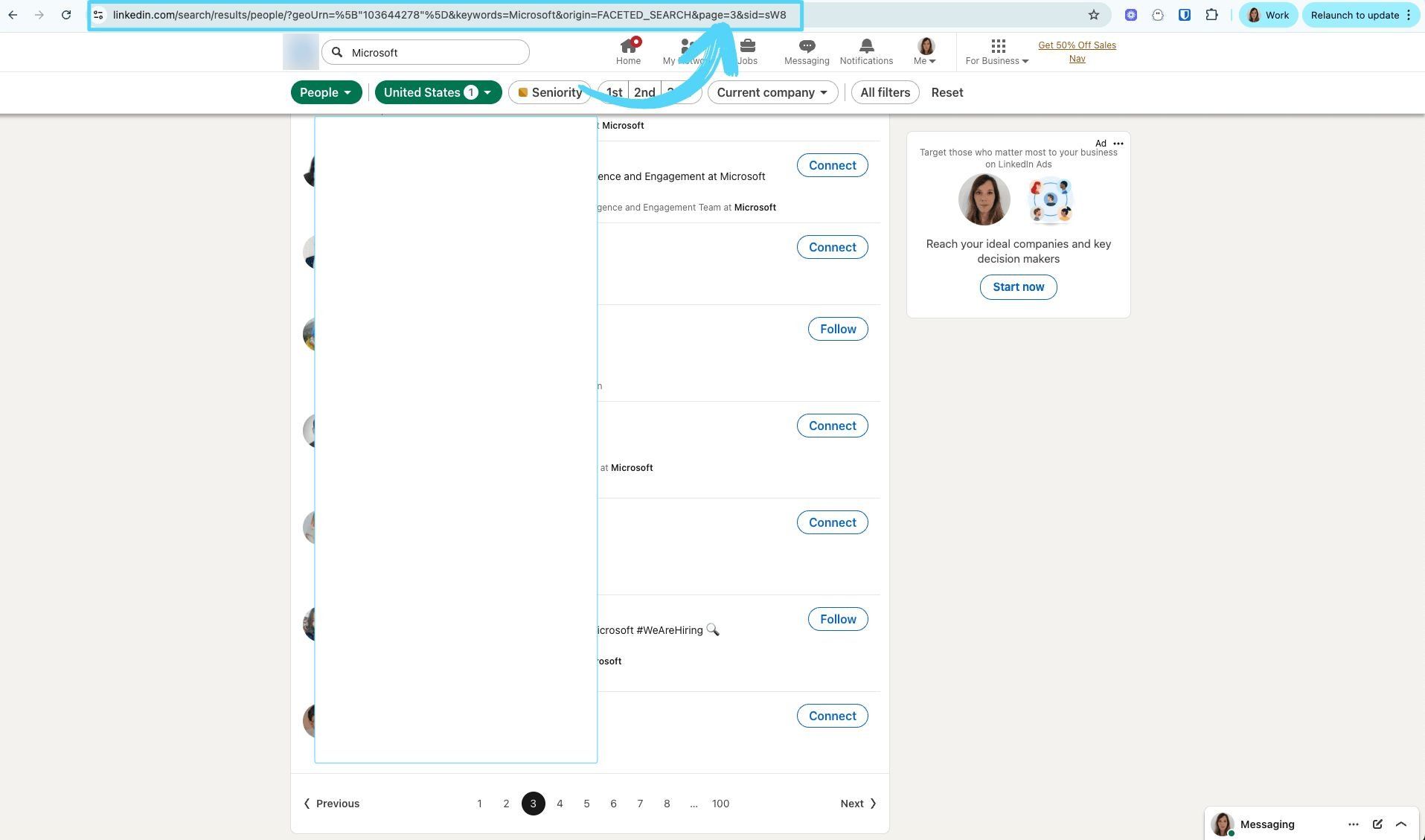 LinkedIn search URL with page parameter changed to start from page 3