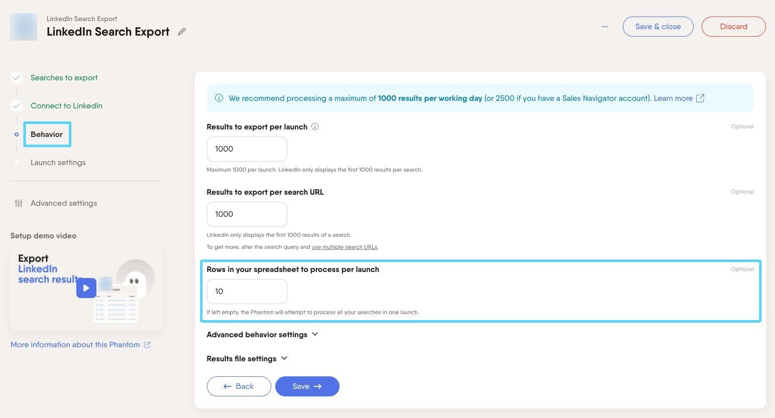 PhantomBuster Behavior step showing Rows to process per launch setting