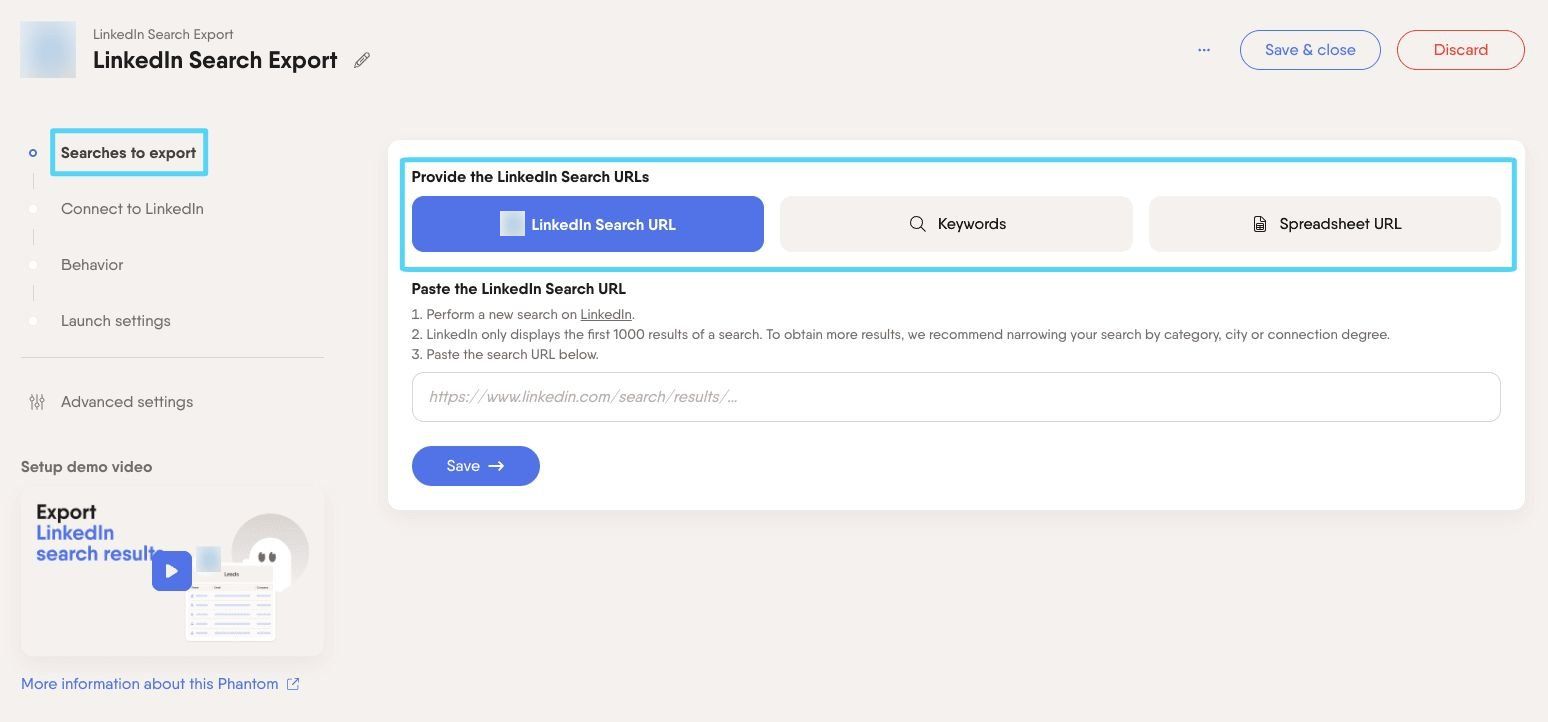 LinkedIn Search Export input step showing URL and spreadsheet input options