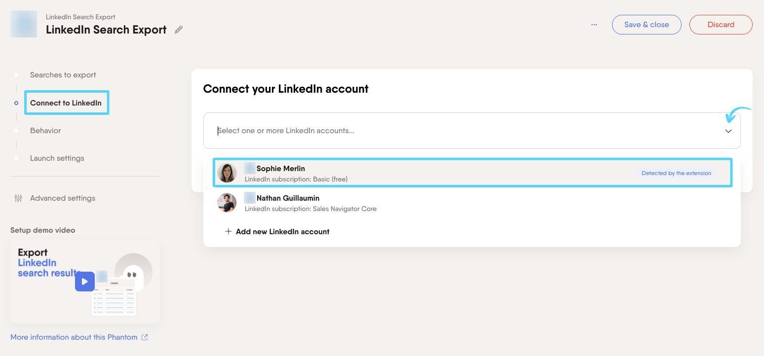 Connect to LinkedIn step in LinkedIn Search Export setup with browser extension active