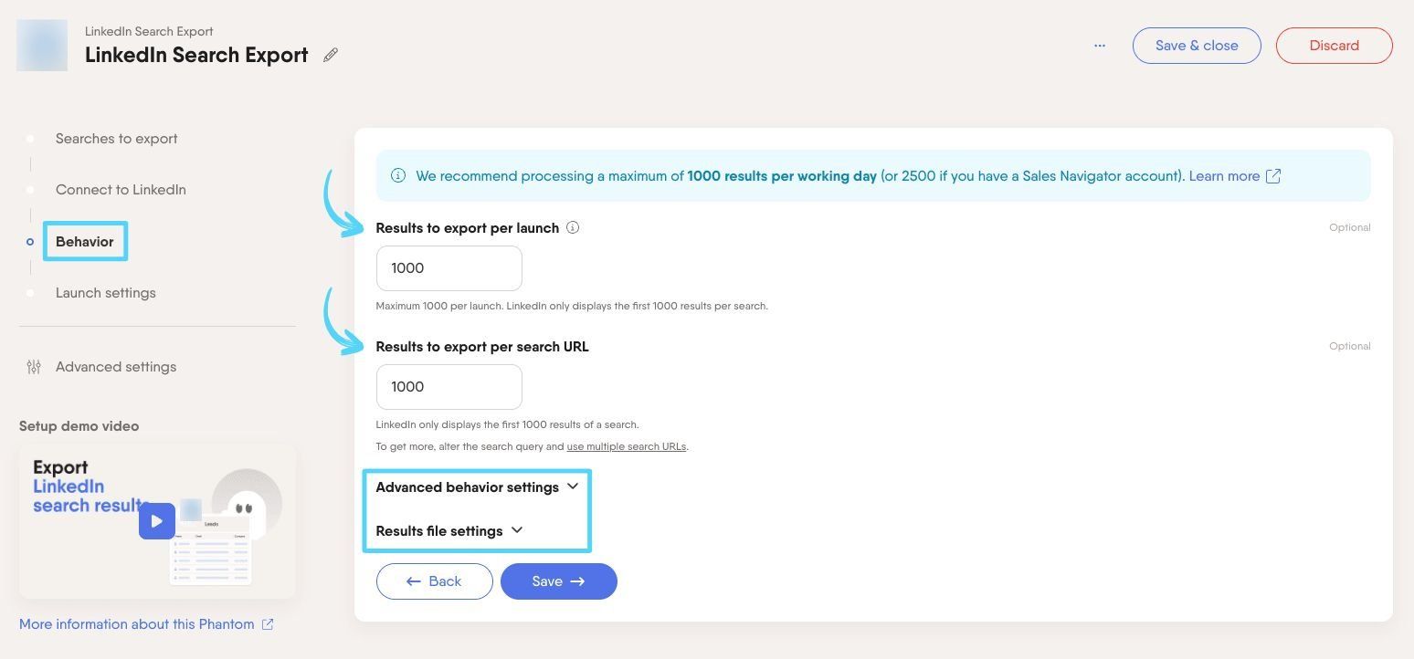 Behavior settings step showing results per launch and results per search options