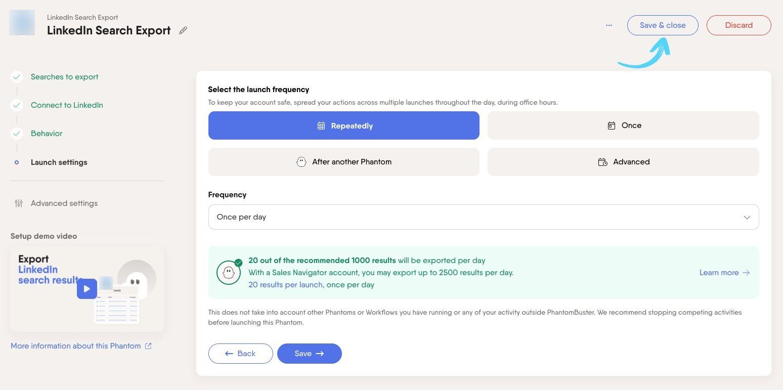 Save and close button highlighted in the top-right corner of the Phantom setup page