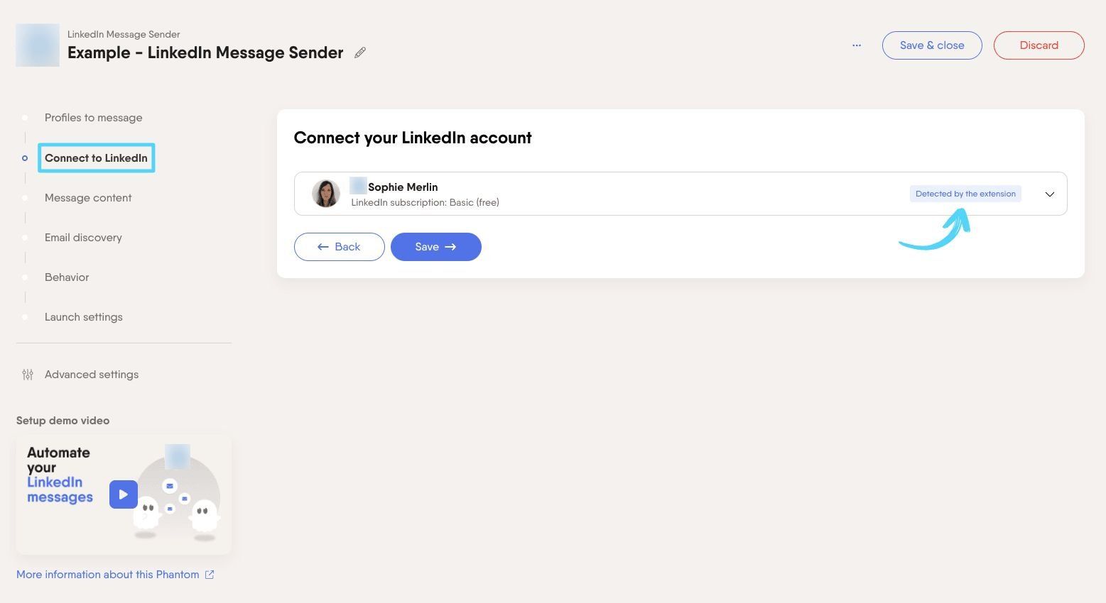 PhantomBuster Connect to LinkedIn step with session detected automatically by browser extension