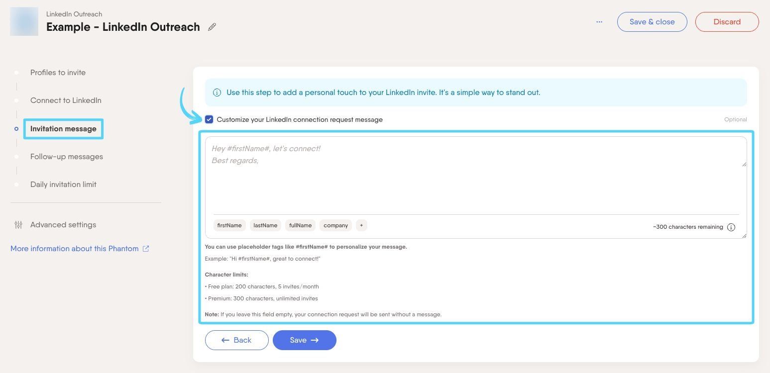 PhantomBuster LinkedIn Outreach step 3 customizing your connection request