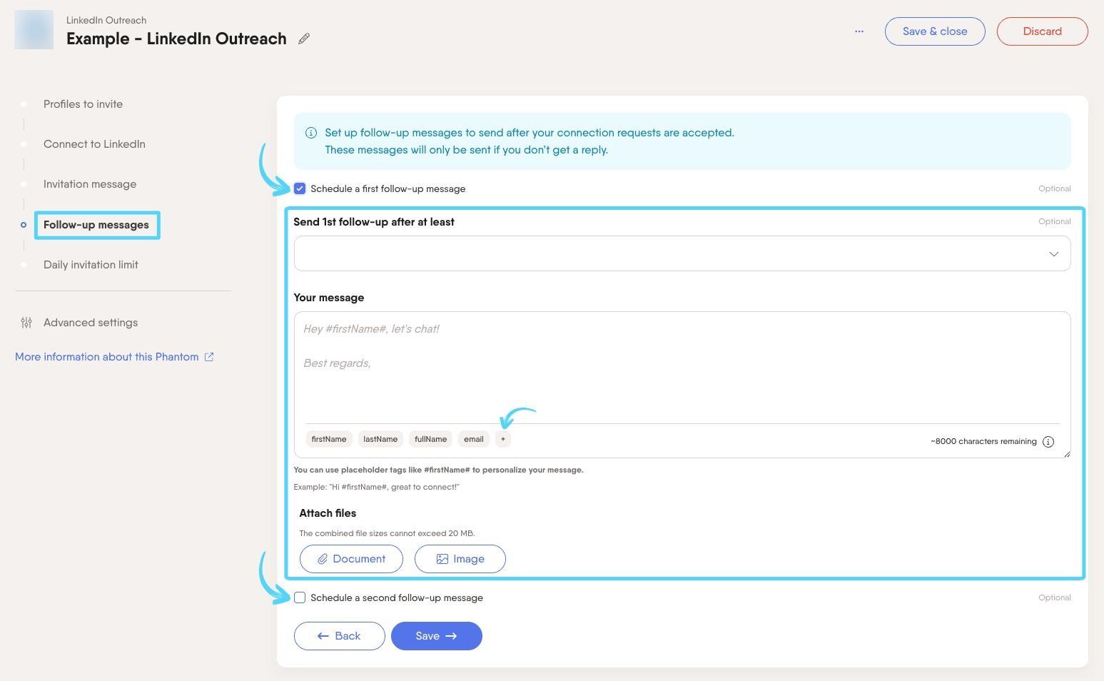 PhantomBuster LinkedIn Outreach step 4 writing and scheduling follow-up messages