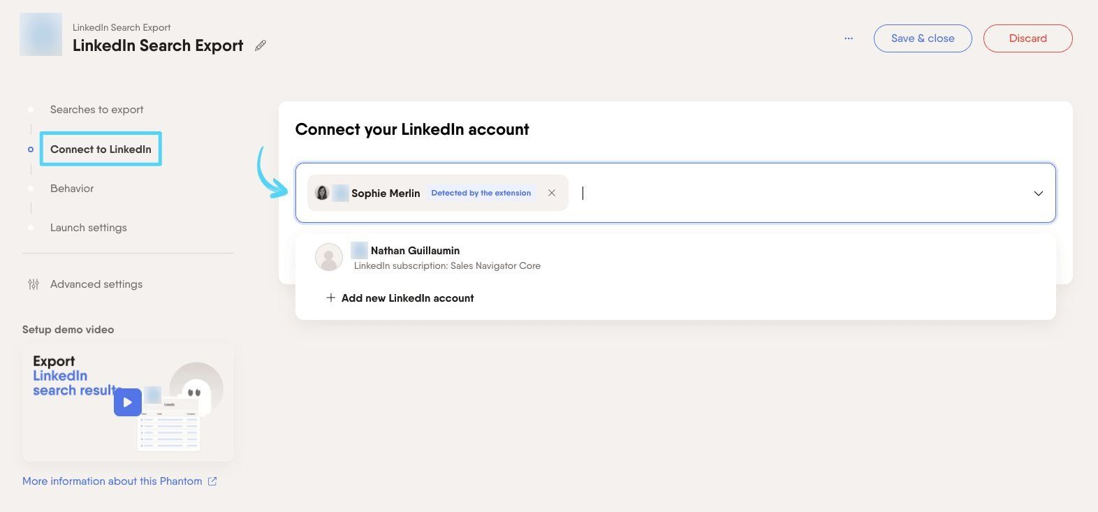 PhantomBuster LinkedIn Search Export step 2 connecting your LinkedIn account