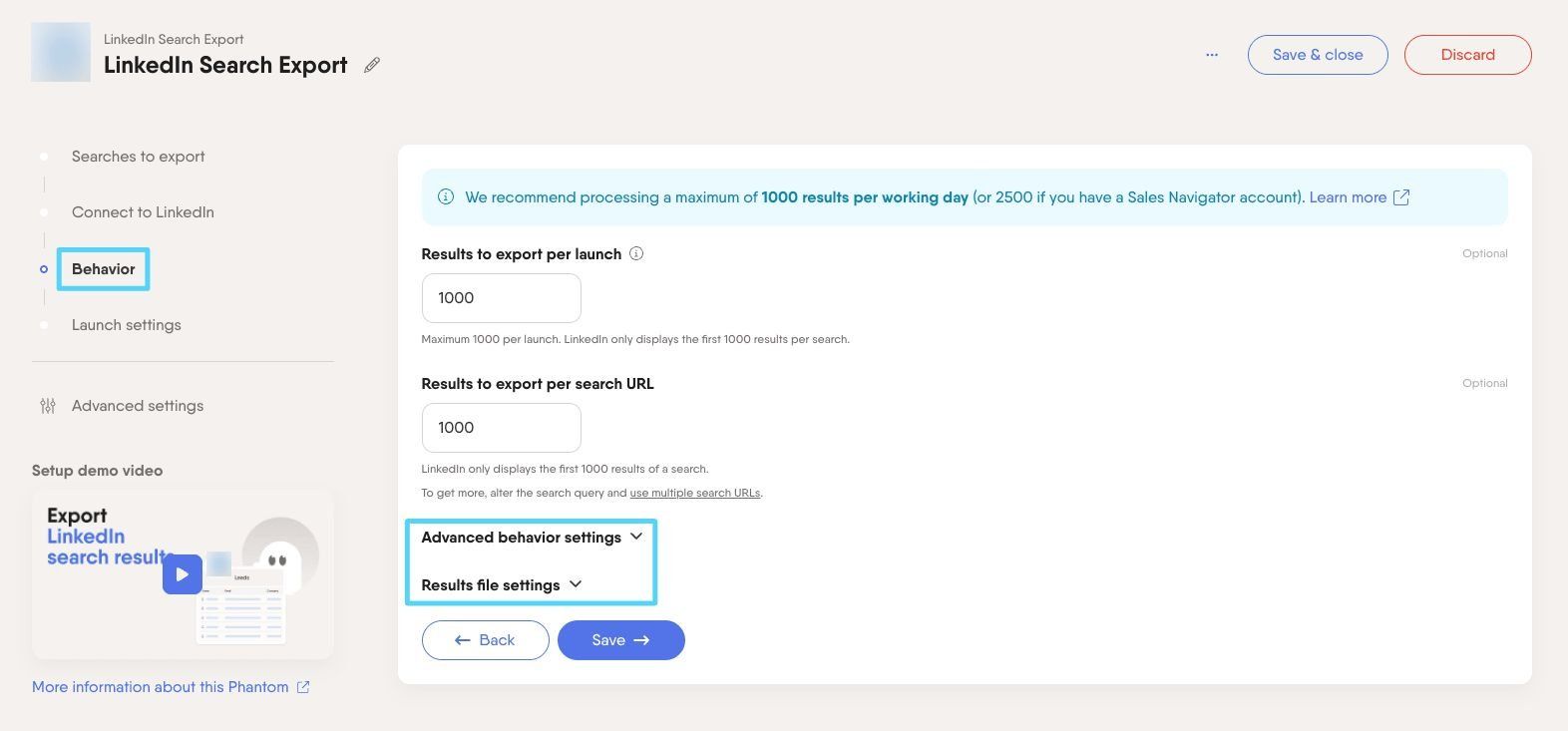 PhantomBuster LinkedIn Search Export step 3 configuring your export settings