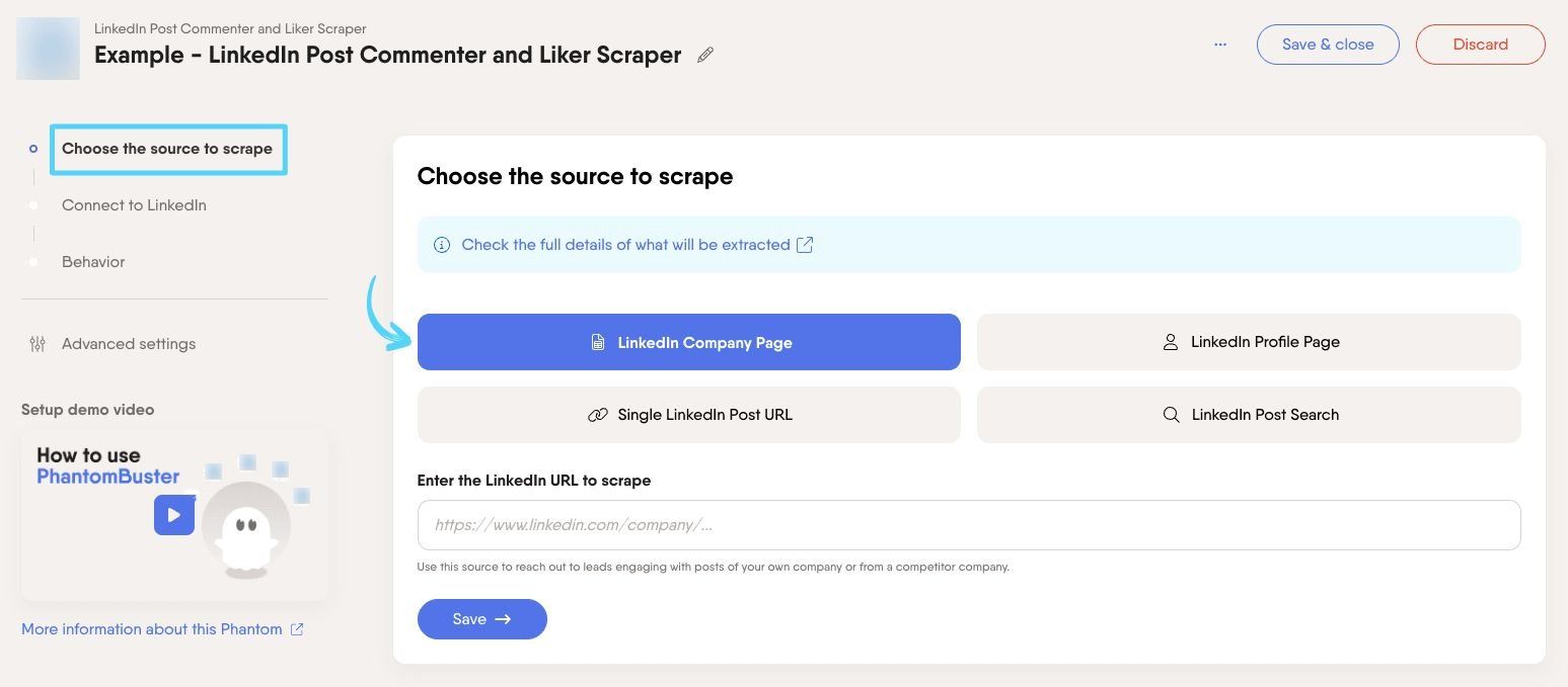 PhantomBuster LinkedIn Post Commenter and Liker Scraper step 1 choosing your source to extract