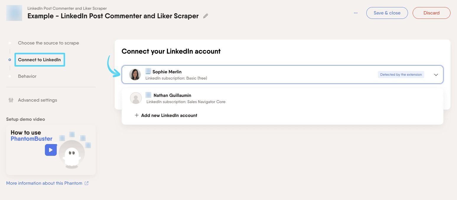 PhantomBuster LinkedIn Post Commenter and Liker Scraper step 2 connecting your LinkedIn account