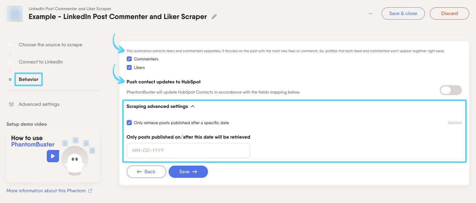 PhantomBuster LinkedIn Post Commenter and Liker Scraper step 3 choosing what data to extract