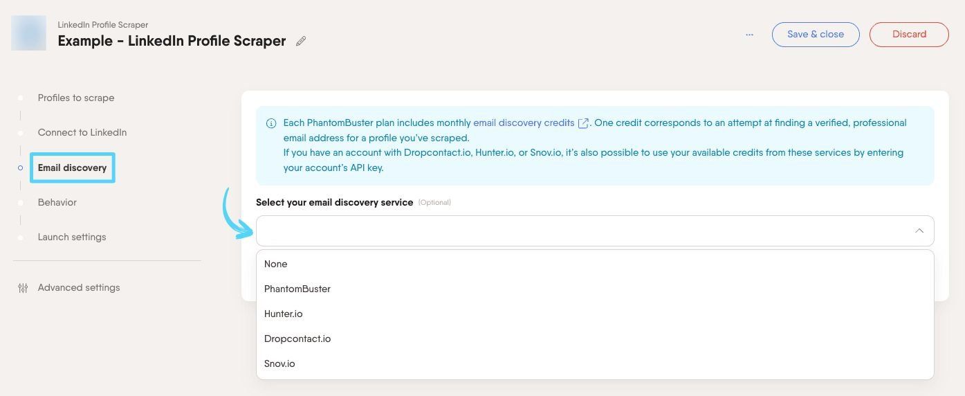 PhantomBuster LinkedIn Profile Scraper step 3 selecting an email discovery service