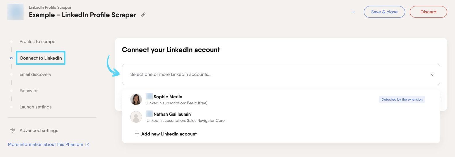 PhantomBuster LinkedIn Profile Scraper step 2 connecting your LinkedIn account