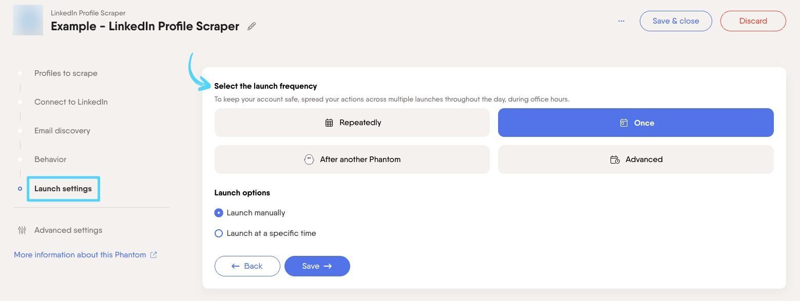 PhantomBuster LinkedIn Profile Scraper step 5 selecting launch frequency