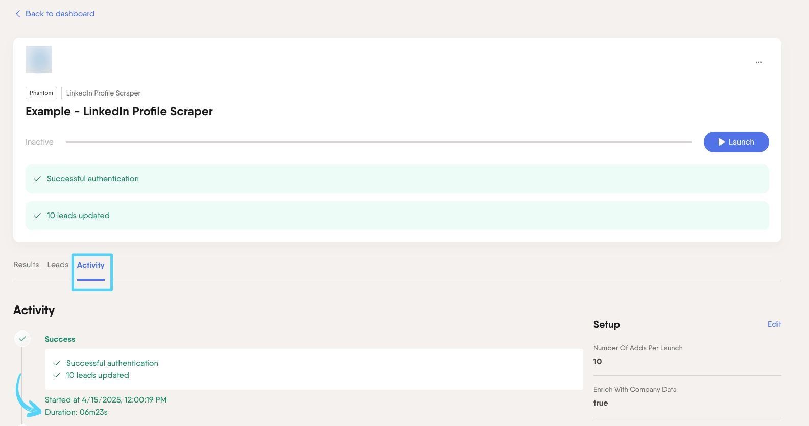 PhantomBuster Phantom console Activity tab showing execution time duration per launch