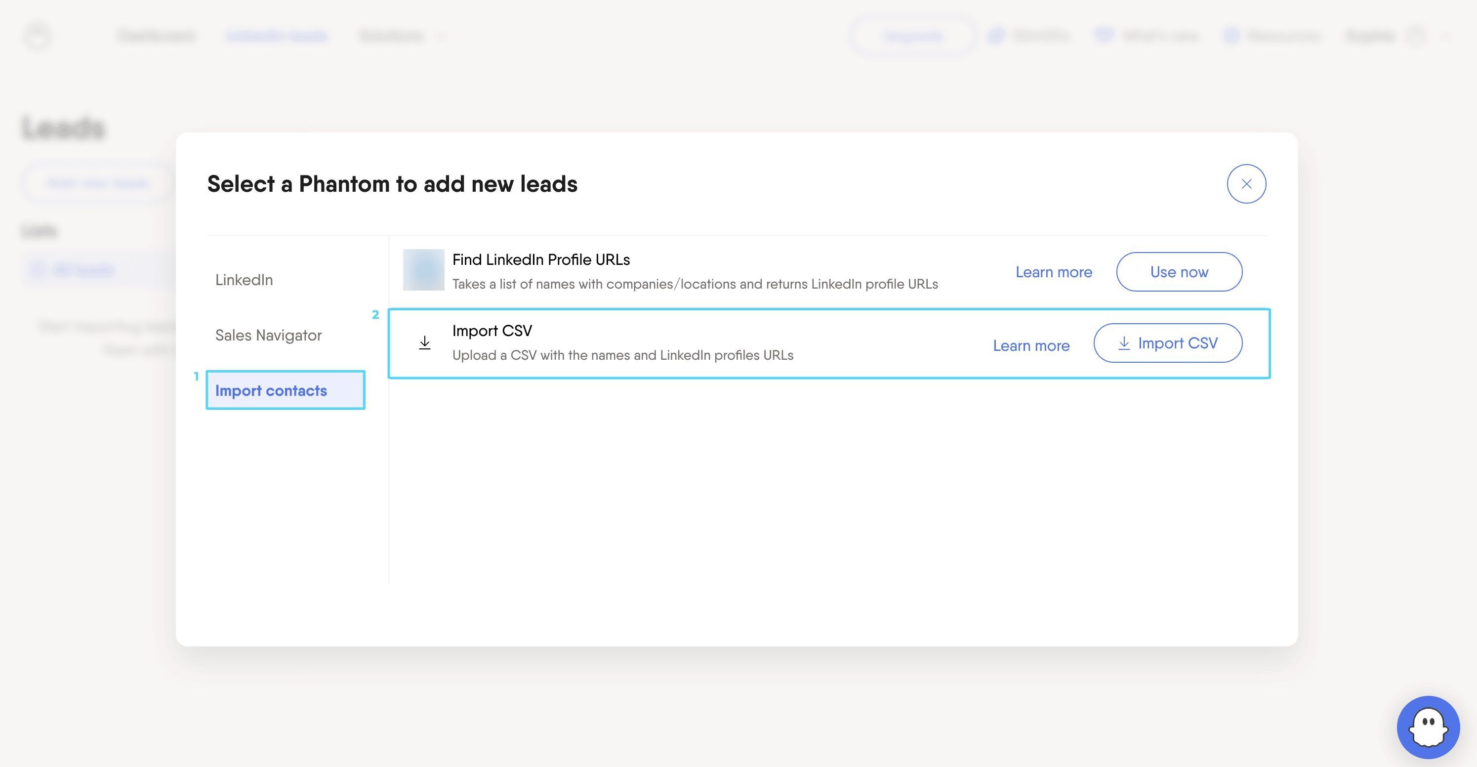 Import contacts and Import CSV options in PhantomBuster
