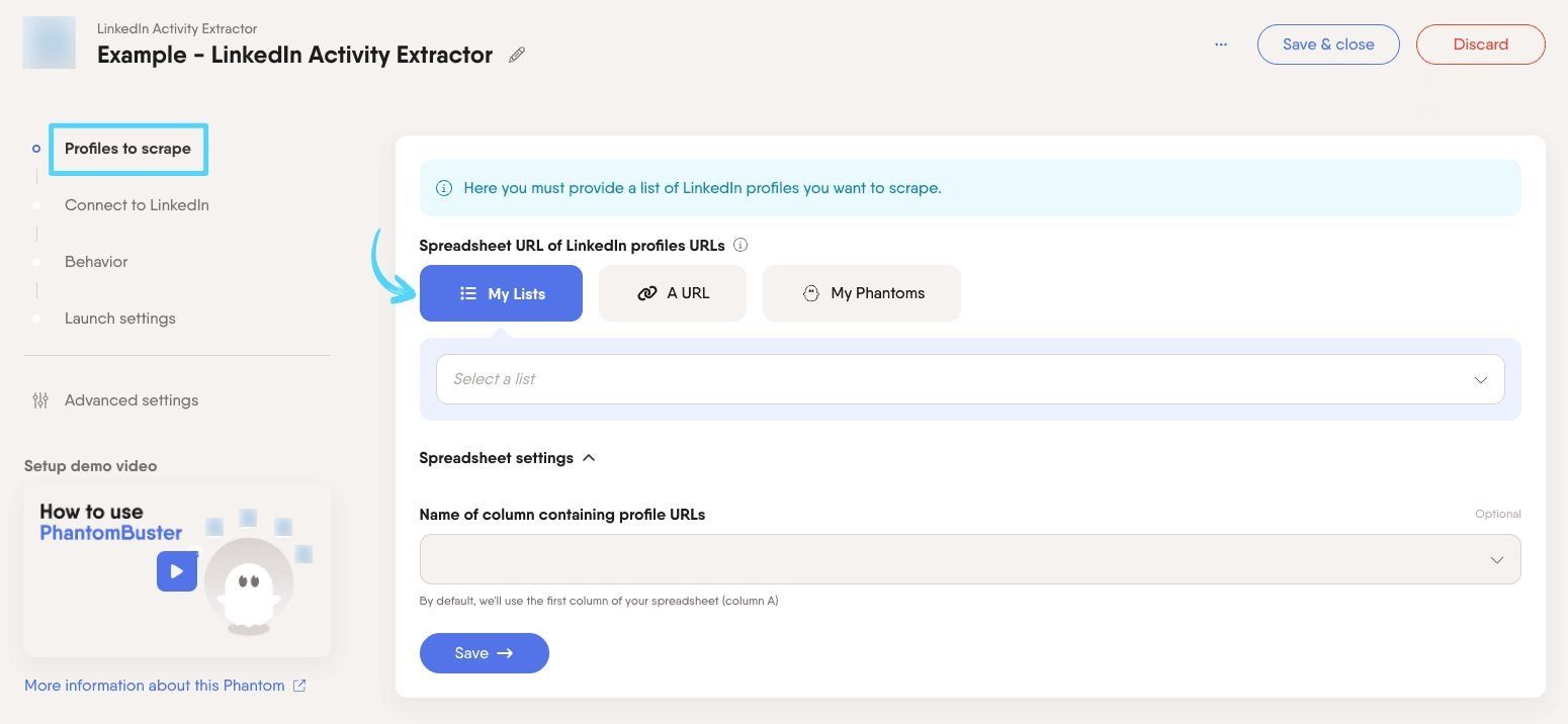 PhantomBuster LinkedIn Activity Extractor step 1 choosing which LinkedIn profiles to extract activity from