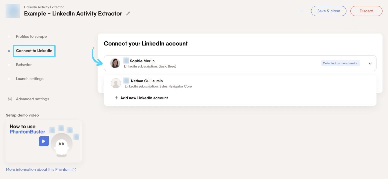 PhantomBuster LinkedIn Activity Extractor step 2 connecting your LinkedIn account